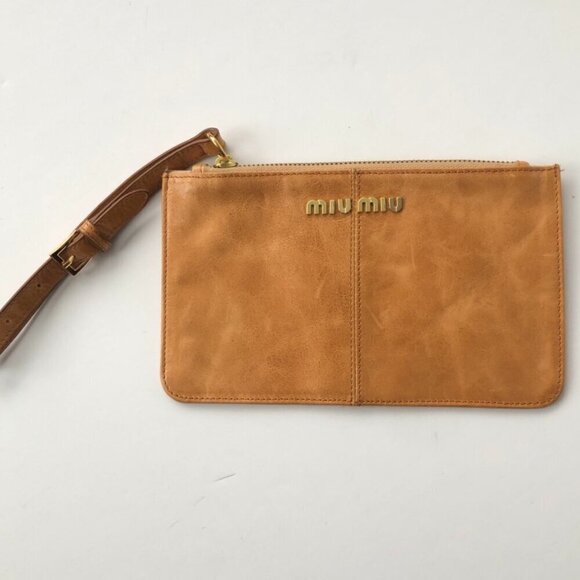 Miu Miu Handbags - MIU MIU Replica Yellow Gold Leather Simple Wristlet Clutch Adjustable Strap 8x5"